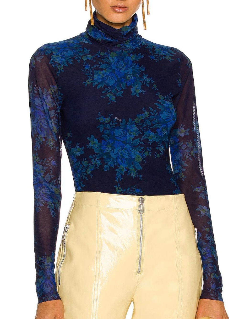 Ganni Printed Mesh Top in Sky Captain EU 34 US 2 XS